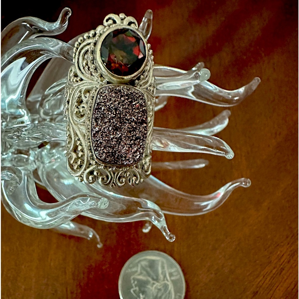 Sarda Brand Smokey Topaz & Drusy Sterling Ring